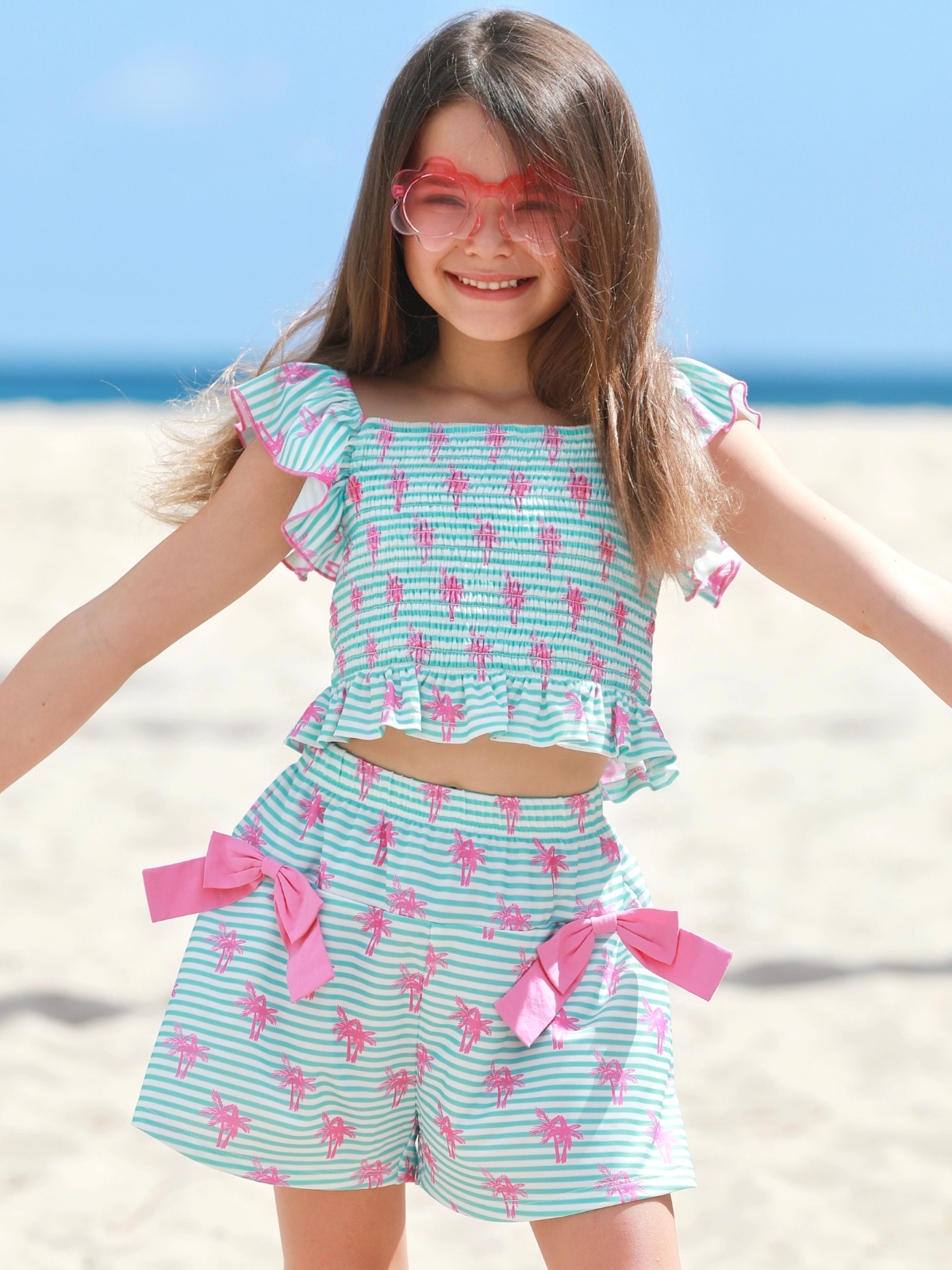 Palm Pop Smocked Ruffle Top and Bow Short Set