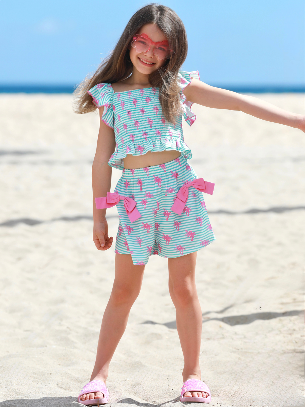 Palm Pop Smocked Ruffle Top and Bow Short Set