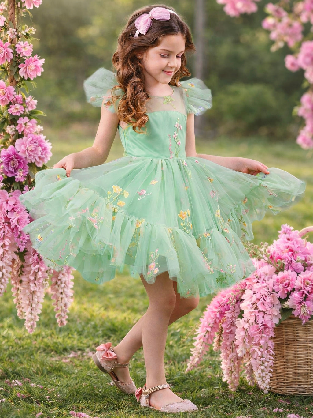 Emerald Fairy Garden Embroidered Floral Tutu Dress