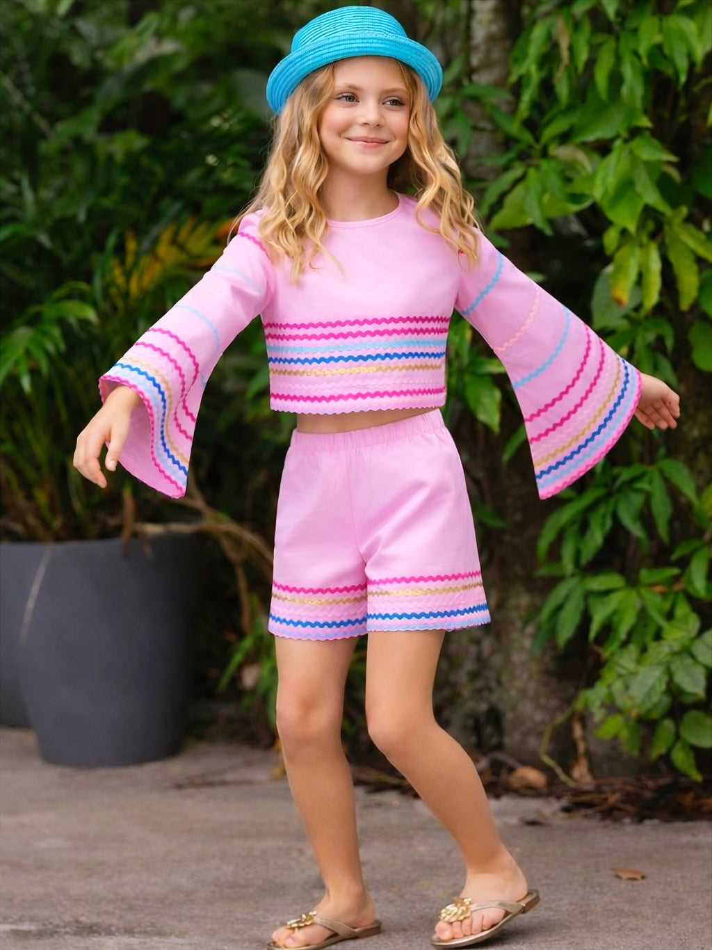 Sunset Waves Cotton Bell Sleeve Top and Short Set