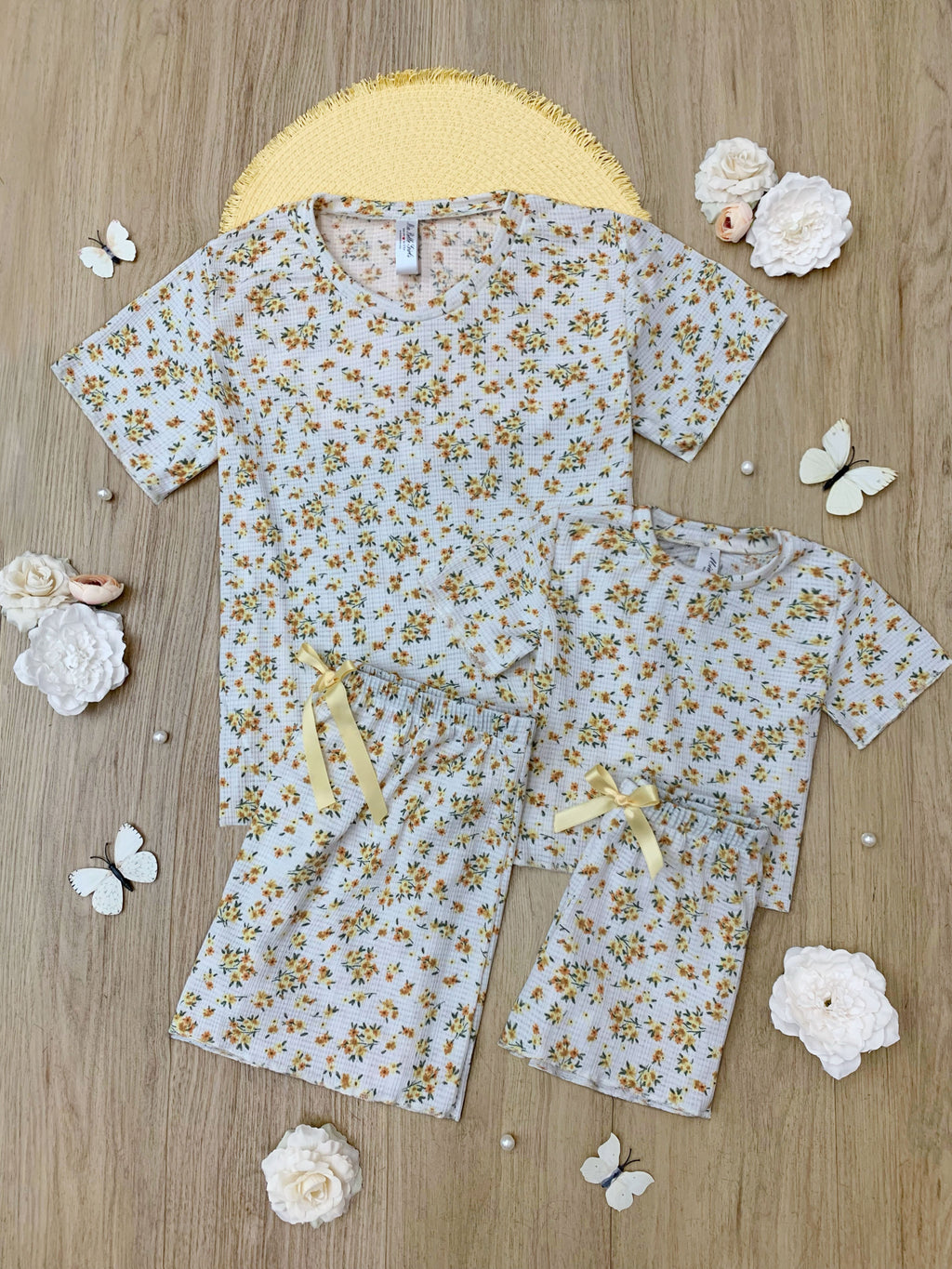Mommy and Me Yellow Floral Ribbed Knit Loungewear Set