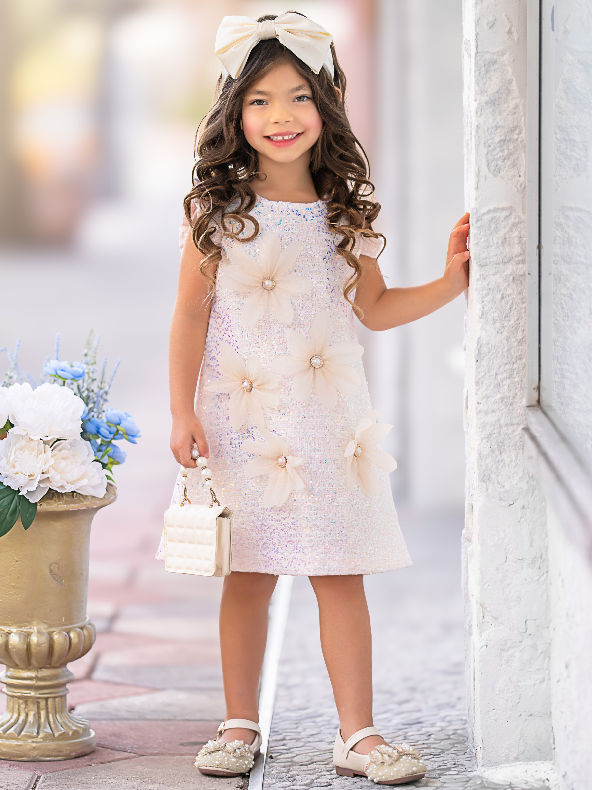Pink Sequin Daisy Pearl-Accent Shift Dress