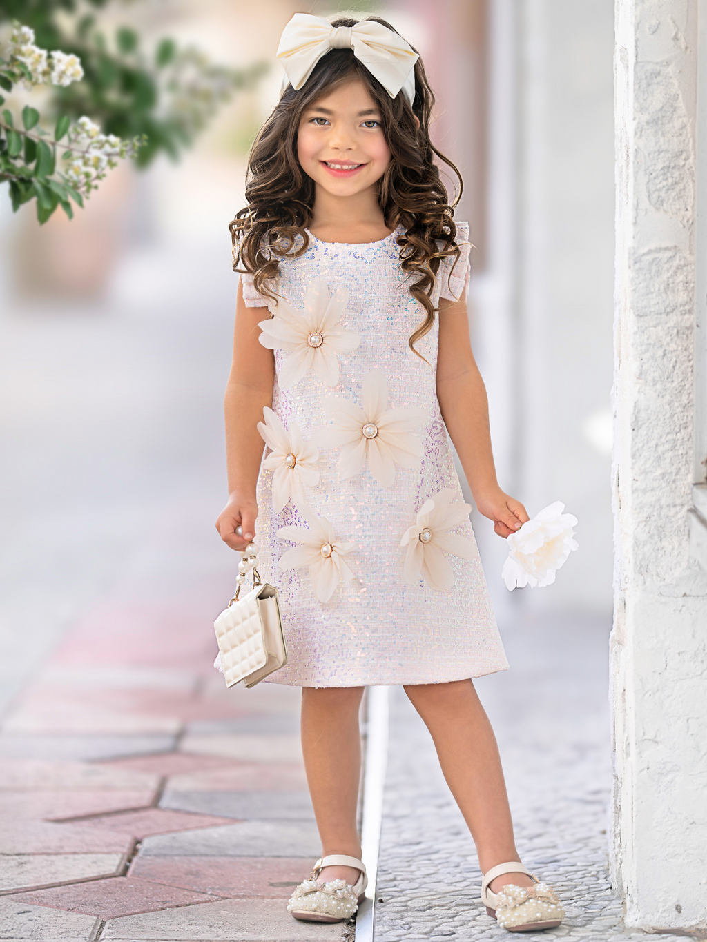 Pink Sequin Daisy Pearl-Accent Shift Dress