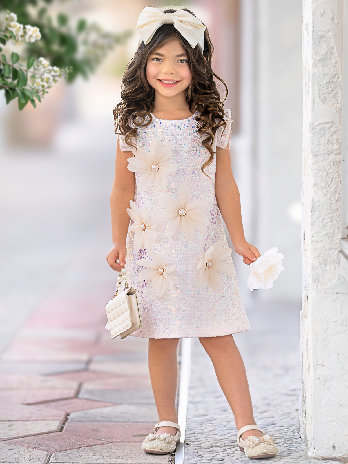 Pink Sequin Daisy Pearl-Accent Shift Dress