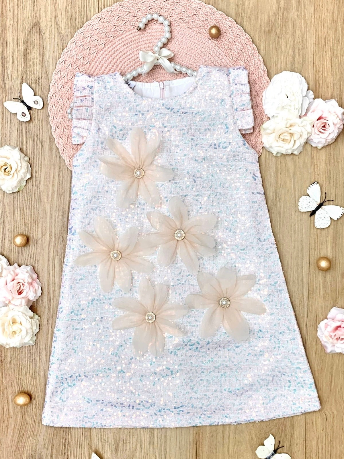 Pink Sequin Daisy Pearl-Accent Shift Dress