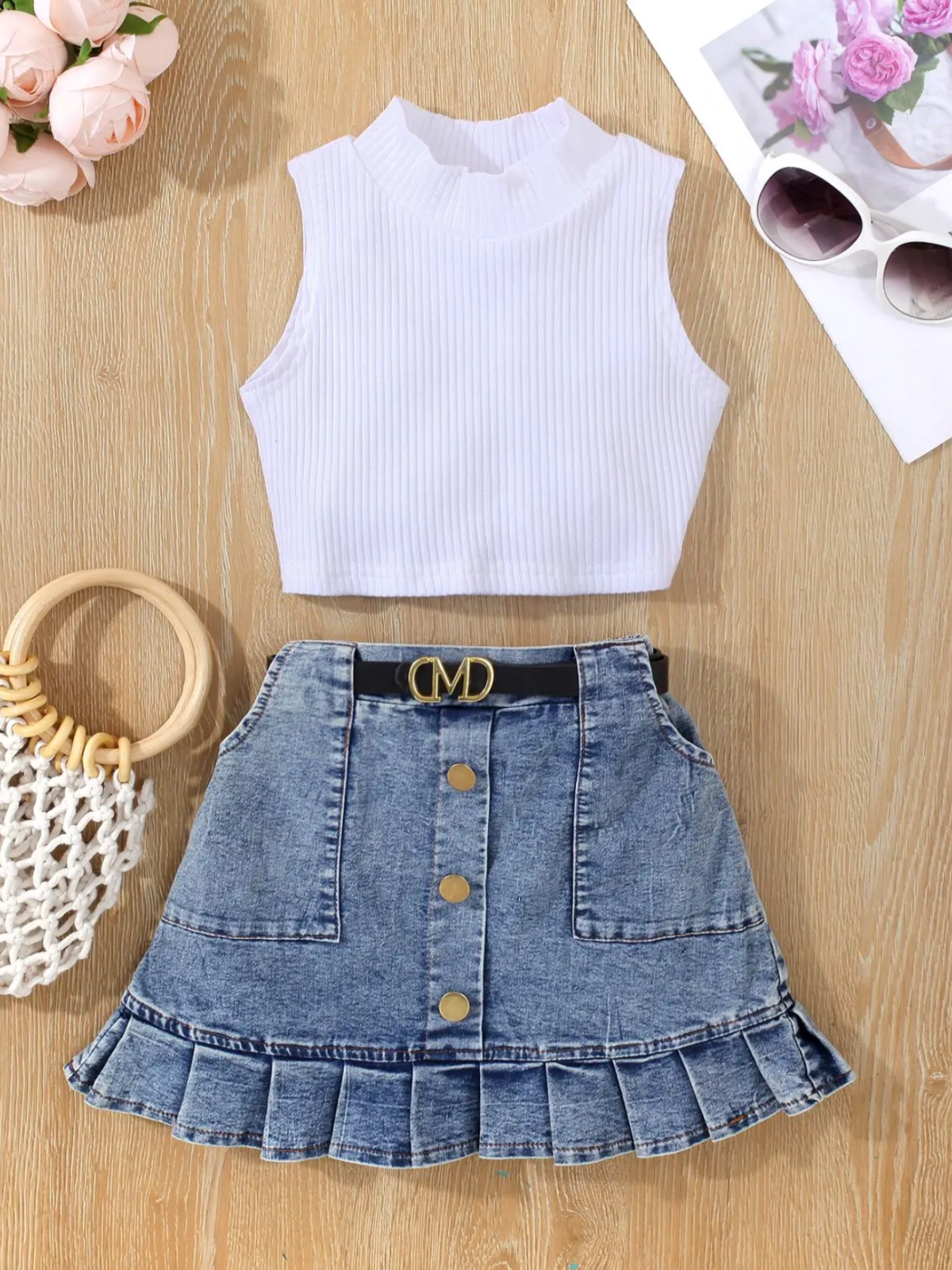 Classic Tank and Pleated Denim Skirt Set