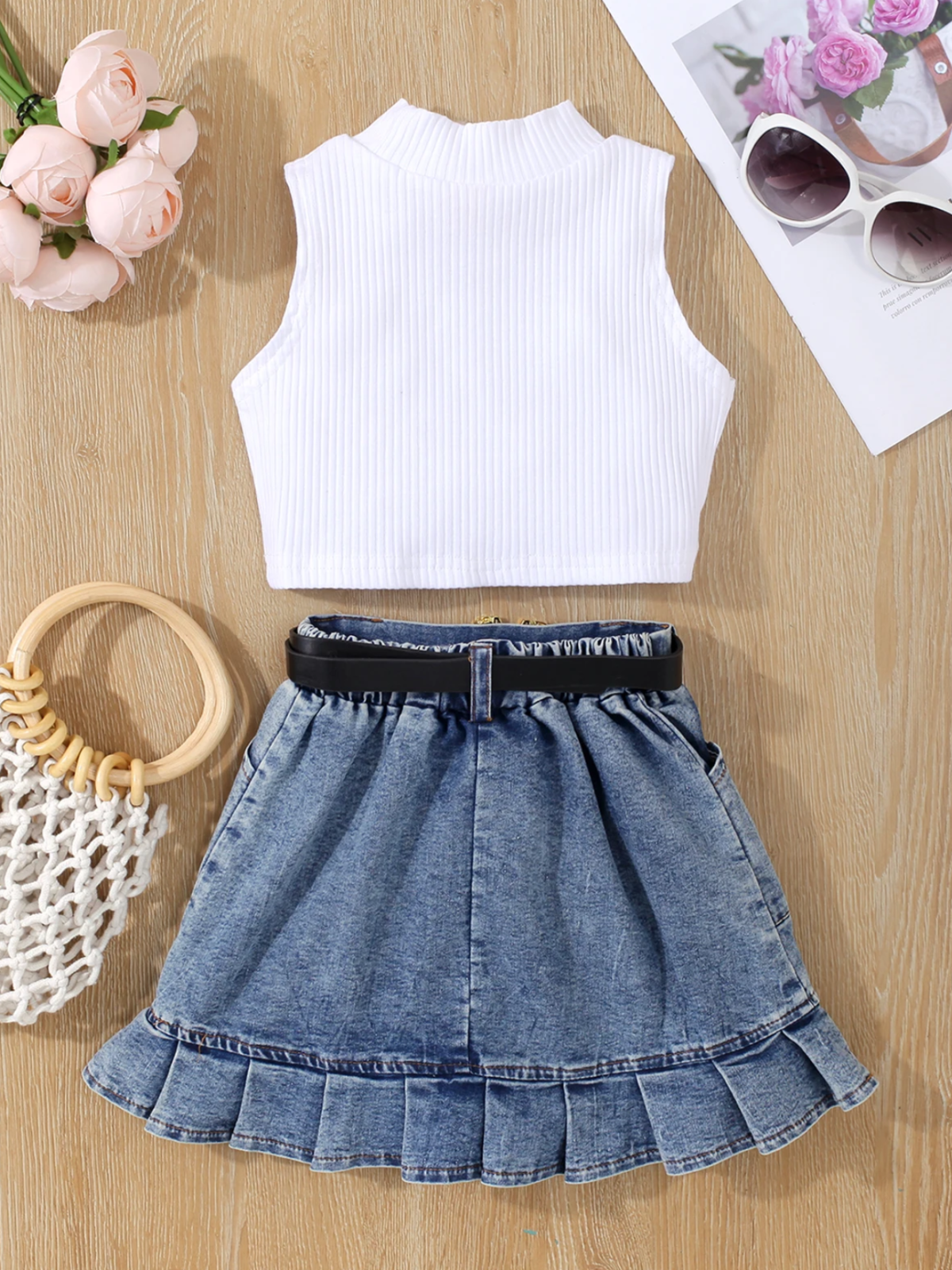 Classic Tank and Pleated Denim Skirt Set