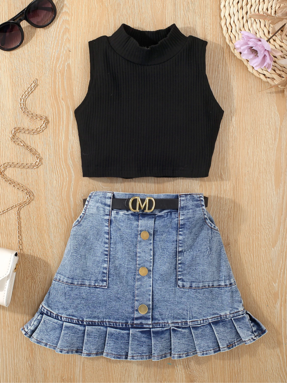 Classic Tank and Pleated Denim Skirt Set