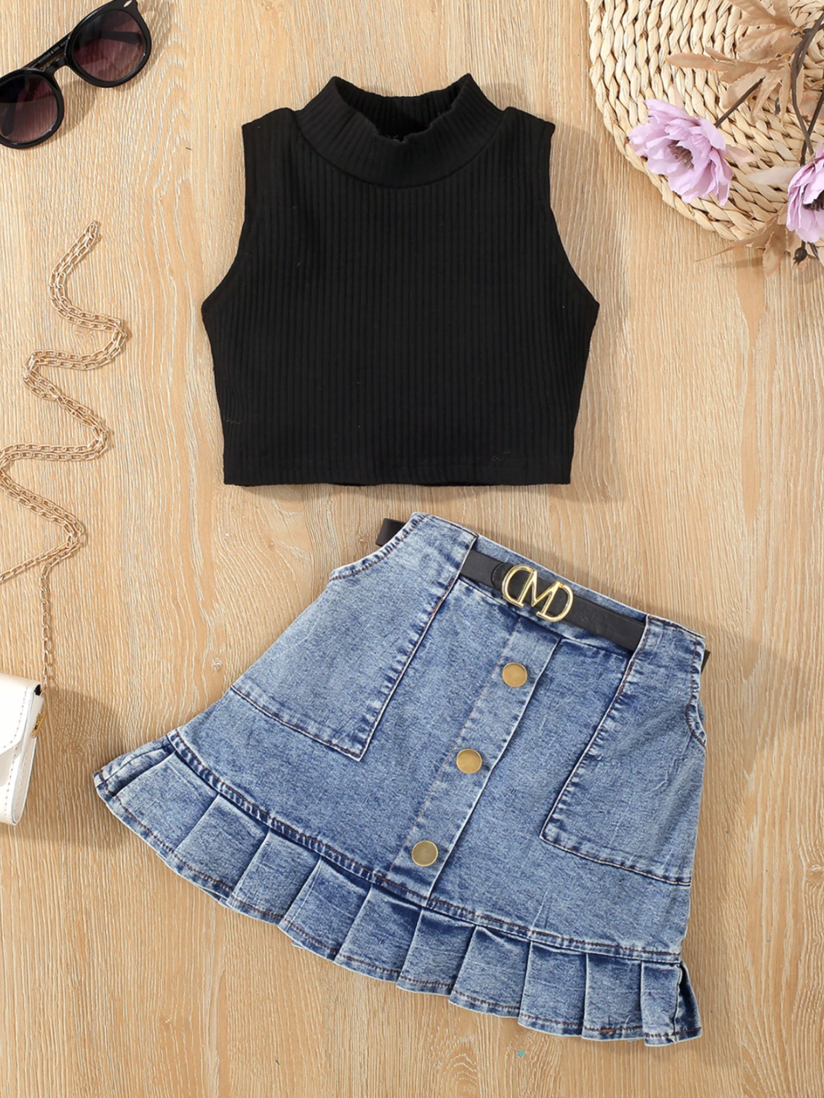 Classic Tank and Pleated Denim Skirt Set