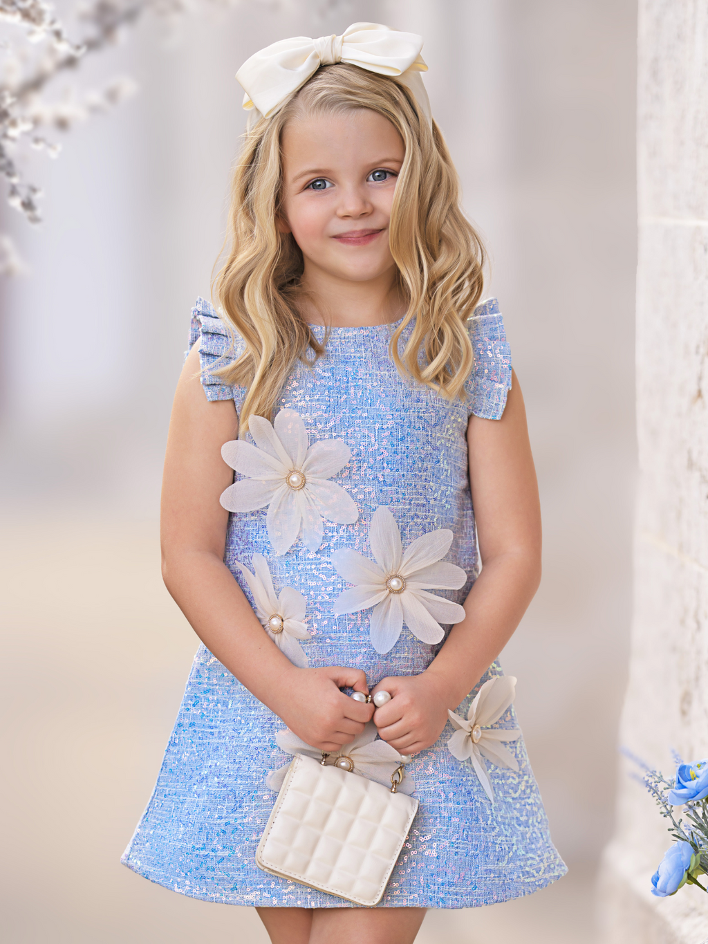 Blue Sequin Daisy Pearl-Accent Shift Dress