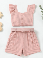 Chic Striped Flutter Sleeve Top & Belted Shorts Set