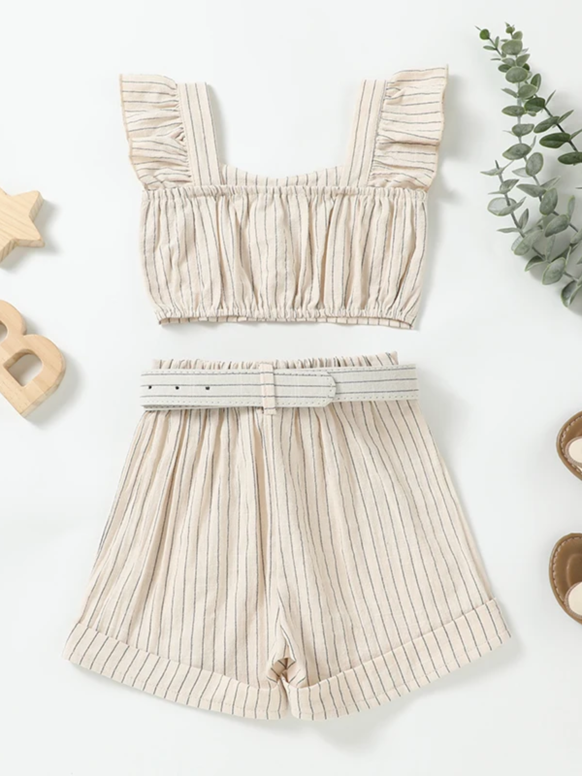 Chic Striped Flutter Sleeve Top & Belted Shorts Set