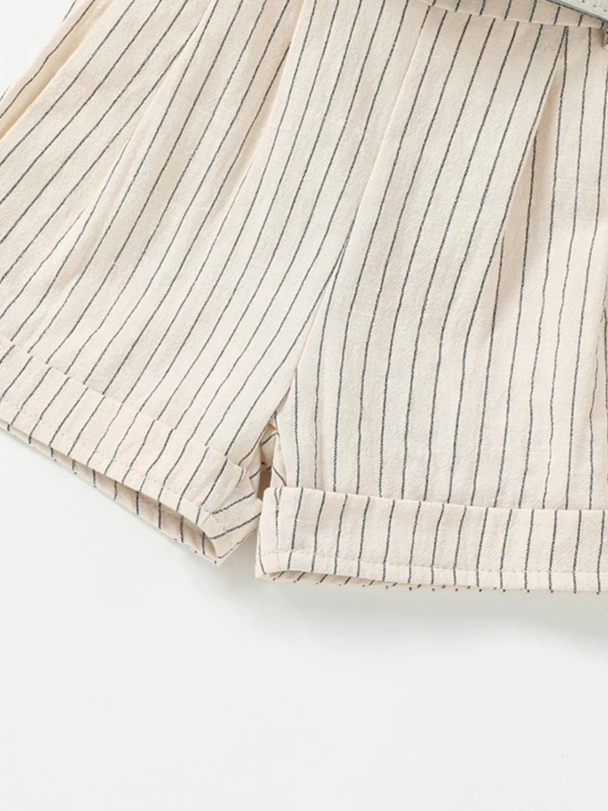 Chic Striped Flutter Sleeve Top & Belted Shorts Set