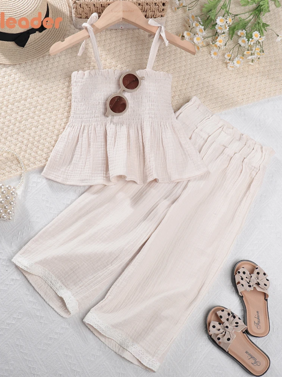 Organic Cotton Camisole Top & Lace-Trim Wide-Leg Pants Set