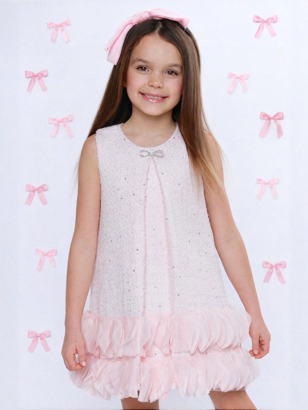 Elegant Bow Pearl Tweed Shift Dress