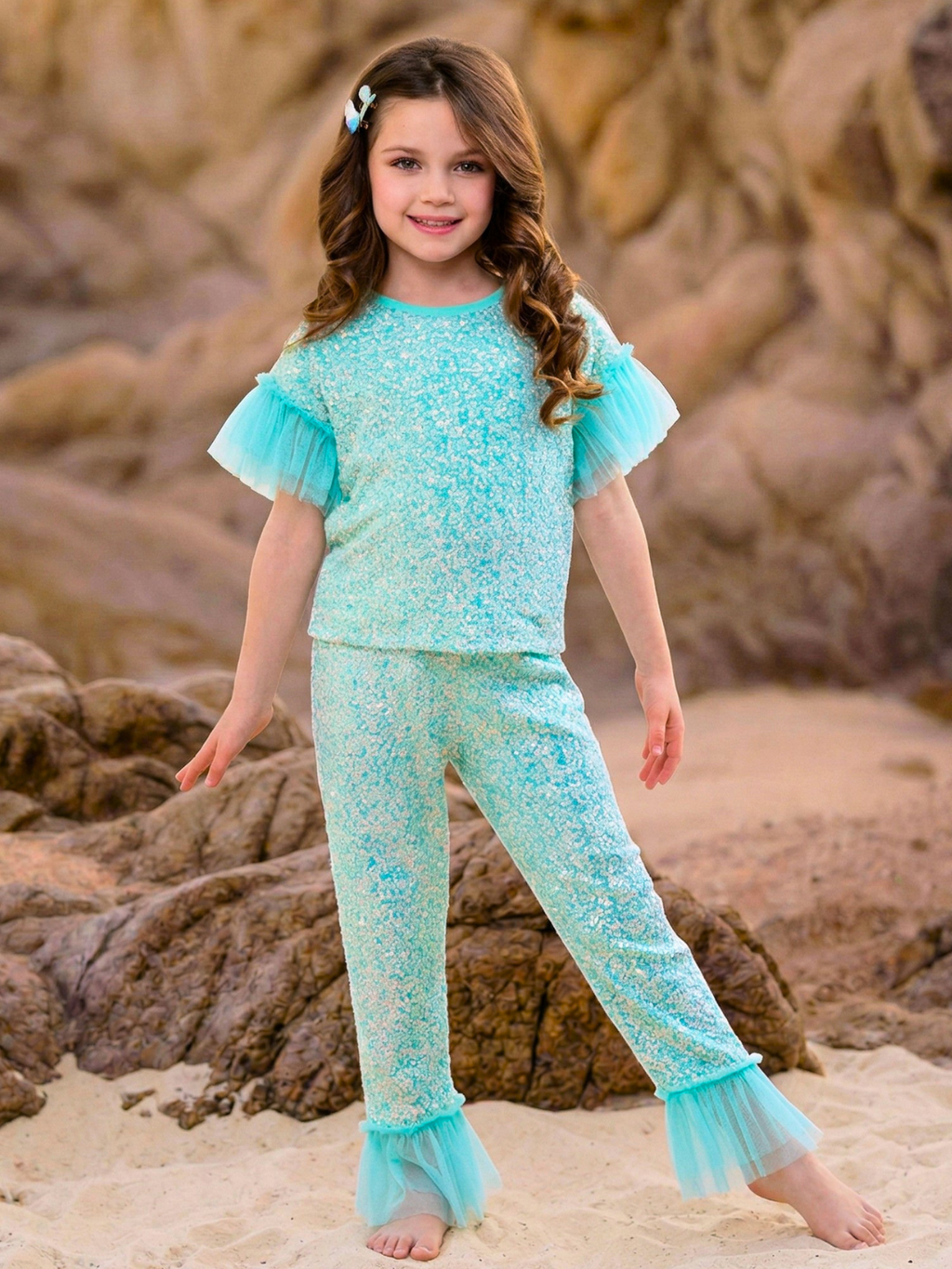 Seafoam Sparkle Top and Ruffle Pant Set